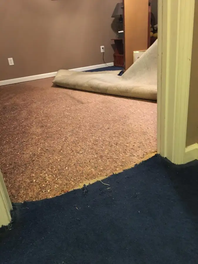 Carpet pad removal revealing water damage during Drying & Dehumidification in Walton